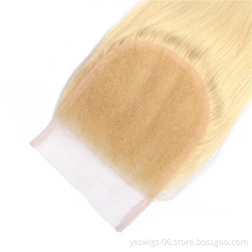 613 Blonde Straight Human Hair 4x4 Lace Closure Brazilian Human Hair Extensions Virgin Cuticle Aligned Hair